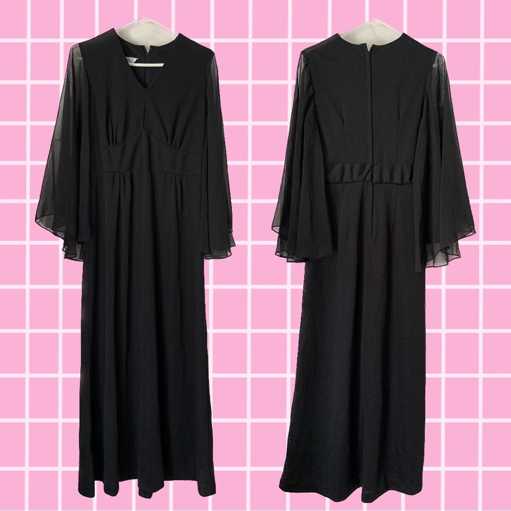 Sears Fashions Vintage 70s Sheer Flowy Sleeve Black Dress